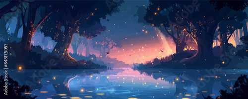 Mystical forest pond surrounded by ancient trees, with fireflies dancing above the still waters. Vector flat minimalistic isolated illustration