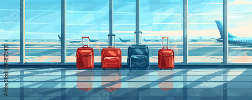 sacs de voyage devant une baie vitrÃ©e dans un hall d'embarquement d'aÃ©roport. vector simple illustratio