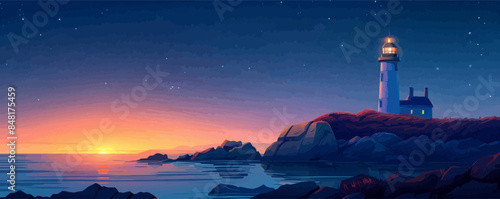 Cozy coastal lighthouse perched on a rocky cliff, guiding ships safely through the night. Vector flat minimalistic isolated illustration.