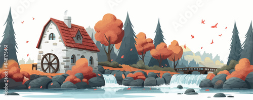 Serene countryside mill nestled beside a babbling brook, with a water wheel turning lazily. Vector flat minimalistic isolated illustration.