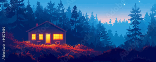 Cozy countryside inn with a welcoming glow from its windows, nestled among tall trees. Vector flat minimalistic isolated illustration.