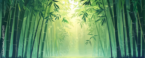 Natural bamboo forest with tall bamboo trees and green leaves. Vector flat minimalistic isolated illustration.