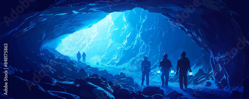 Silhouettes of miners in a helmet with lanterns in a dark cave exploration and geological work, coal mining, blue light. VECTOR SIMPLE