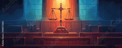 Scales of justice in the courtroom, dark lighting, punishment system for prisoners, presumption of innocence, constitution day. vector simple illustration