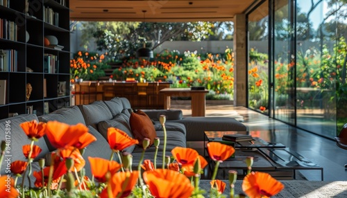 Modern living room with large glass doors, lush garden view, and vibrant poppy flowers creating a serene, natural atmosphere. photo