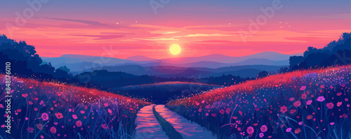 Tranquil countryside path winding through rolling hills and past blooming wildflowers, with a vibrant sunset in the distance. Vector flat minimalistic isolated illustration.
