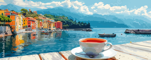 Cup of tea with dessert on background of picturesque Italian coast. vector simple illustration