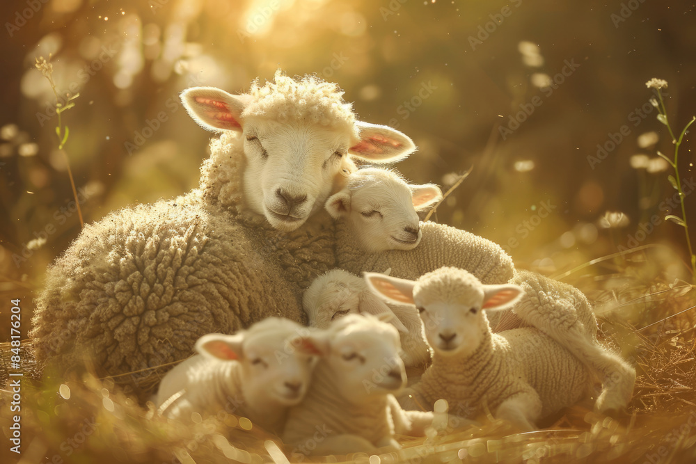 Mother sheep and her fluffy lambs resting together, new life and family concept Mother sheep and her fluffy lambs resting together, new life and family concept