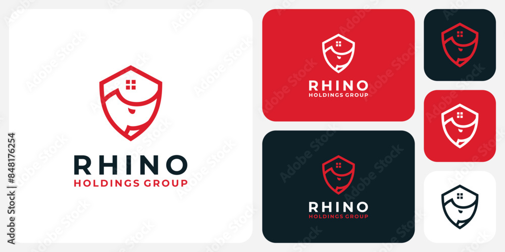 Combined vector logo design of shield, house and rhino shapes in a modern, simple, clean and abstract style. Combined vector logo design of shield, house and rhino shapes in a modern, simple, clean and abstract style.