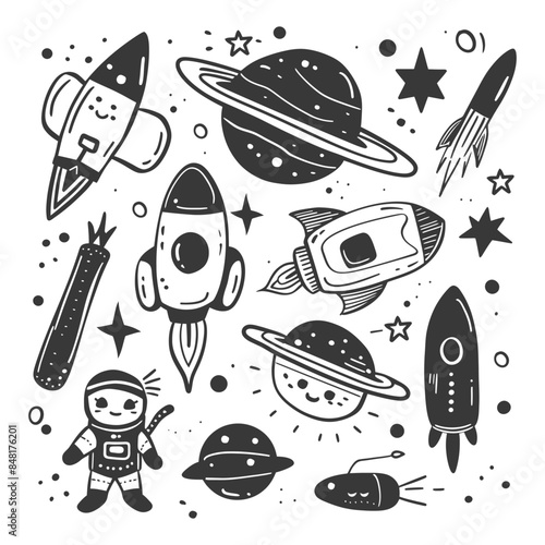 silhouette hand drawn cute outer space tools kawaii doodle collection set