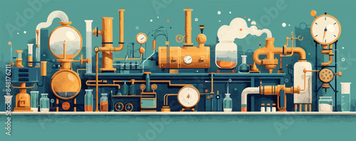 Steampunk laboratory with copper instruments, steam machines, and glass test tubes. Vector flat minimalistic isolated illustration.