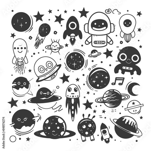 silhouette hand drawn cute outer space tools kawaii doodle collection set