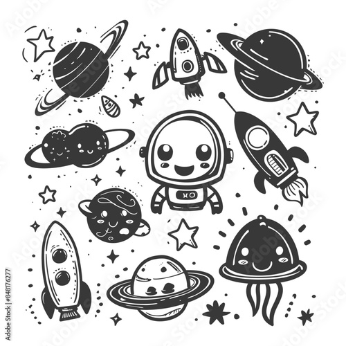 silhouette hand drawn cute outer space tools kawaii doodle collection set