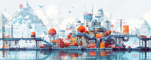 Floating cities and transportation platforms connected by massive bridges and stairs. Vector flat