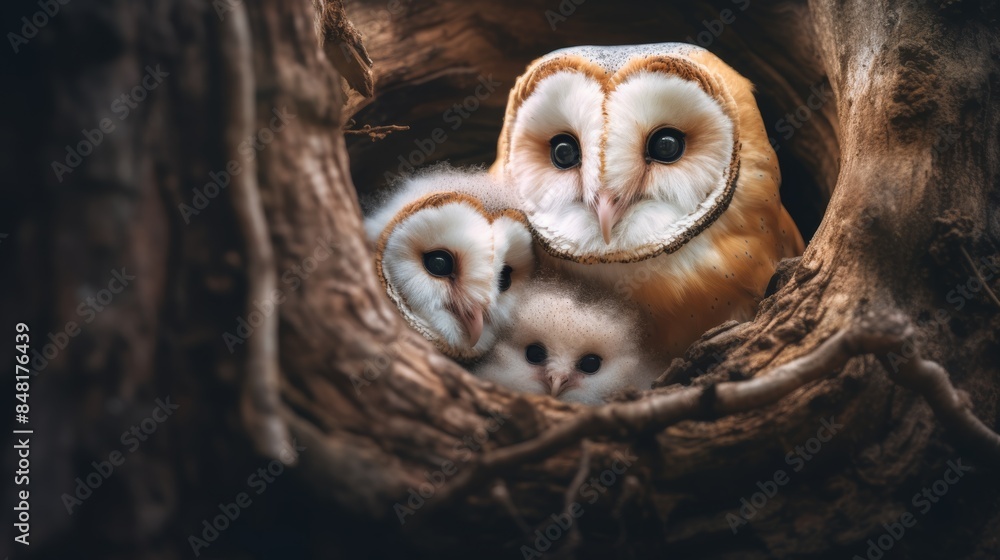 common barn owl with its young chicks, their fluffy feathers still growing in, nestled together in a cozy hollow in a tree trunk. common barn owl with its young chicks, their fluffy feathers still growing in, nestled together in a cozy hollow in a tree trunk.