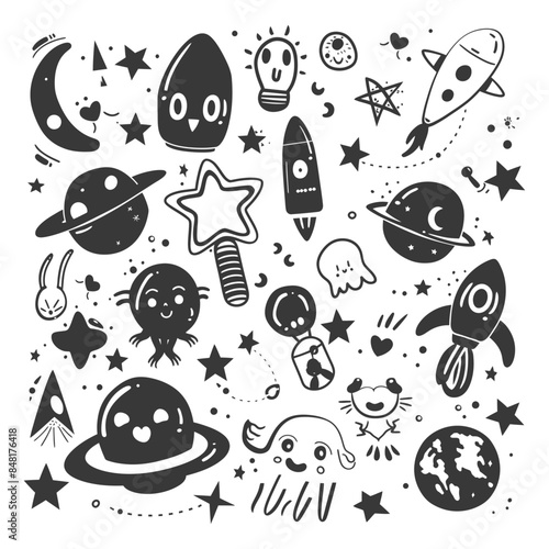 silhouette hand drawn cute outer space tools kawaii doodle collection set