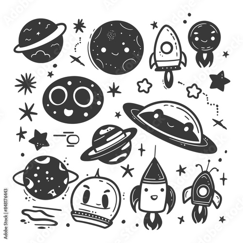 silhouette hand drawn cute outer space tools kawaii doodle collection set