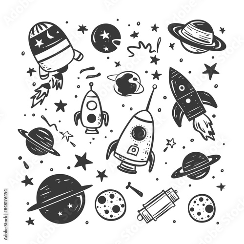 silhouette hand drawn cute outer space tools kawaii doodle collection set