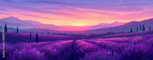 Enchanting sunset over lavender fields, painting the sky in purple hues. Vector flat minimalistic isolated illustration.