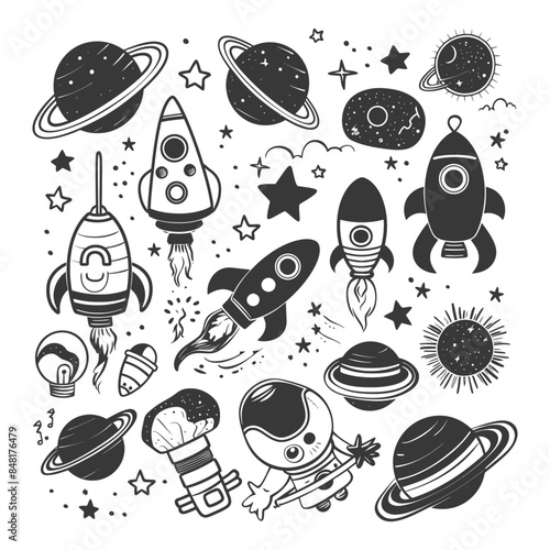 silhouette hand drawn cute outer space tools kawaii doodle collection set