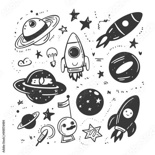 silhouette hand drawn cute outer space tools kawaii doodle collection set