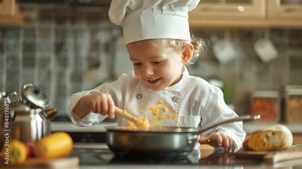 Cheerful Young Chef Stirring Bubbling Soup on the Stove in the Kitchen Cheerful Young Chef Stirring Bubbling Soup on the Stove in the Kitchen