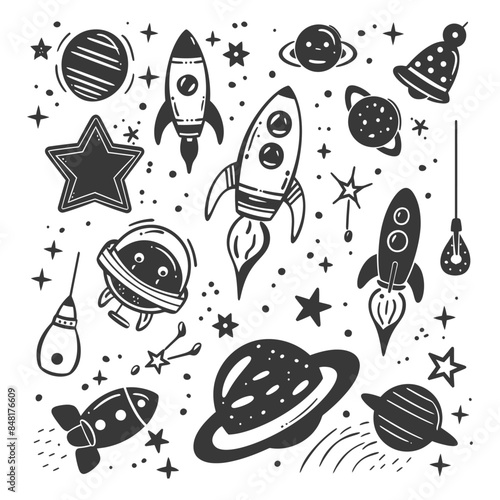 silhouette hand drawn cute outer space tools kawaii doodle collection set