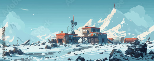 The last remaining survivor outpost, hidden in the mountains and surrounded by protective barricades. Vector flat minimalistic isolated illustration