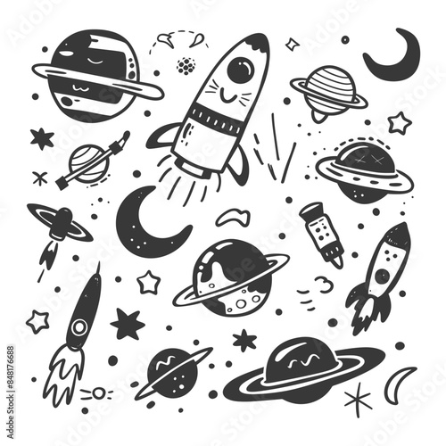 silhouette hand drawn cute outer space tools kawaii doodle collection set