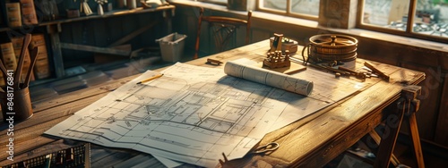 An architect's desk with blueprints and drafting tools. © Usman