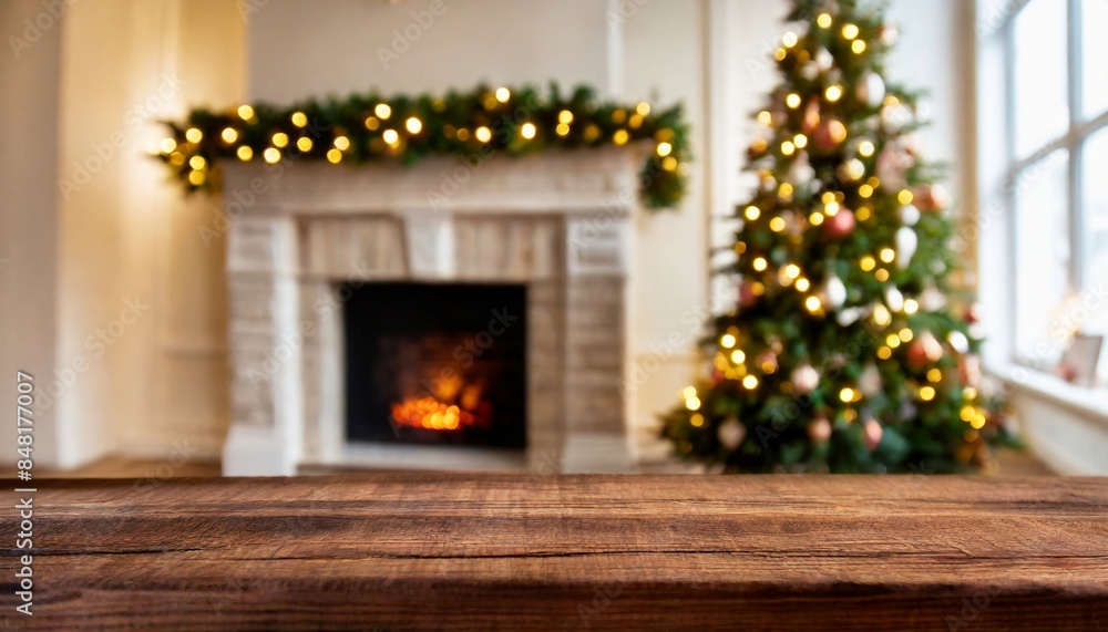 Brown wooden table for product presentation, Christmas tree and fireplace on background