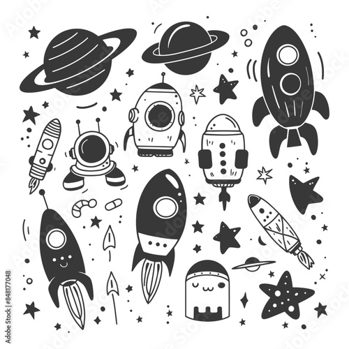 silhouette hand drawn cute outer space tools kawaii doodle collection set