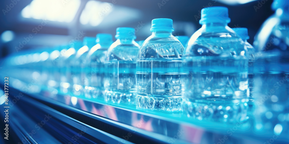 A close-up photo of water bottles moving along a conveyor belt at a modern factory A close-up photo of water bottles moving along a conveyor belt at a modern factory