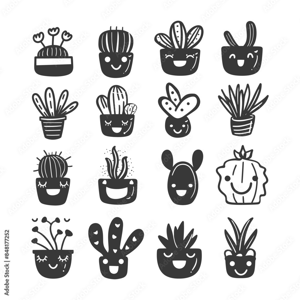 Fototapeta premium silhouette hand drawn cute plant kawaii doodle collection set