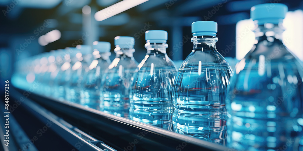 A close-up photo of water bottles moving along a conveyor belt at a modern factory A close-up photo of water bottles moving along a conveyor belt at a modern factory