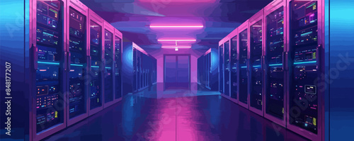 Computer in the data center. Cloud computing service on a large server farm. Cyber â?<â?<security at night, neon illumination, cyber space, data storage, new technologies. vector simple illustration