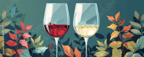 Wine tasting concept. Invitation template for an event, festival, party. Modern graphic design, poster, list, menu for restaurant, bar. Red or white wine glass. 
