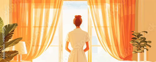 Rear view of chambermaid opening curtains in hotel room. Vector flat minimalistic isolated illustration