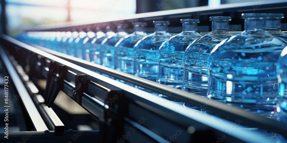 A close-up photo of water bottles moving along a conveyor belt at a modern factory A close-up photo of water bottles moving along a conveyor belt at a modern factory