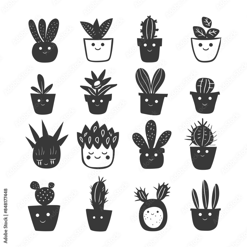 Fototapeta premium silhouette hand drawn cute plant kawaii doodle collection set