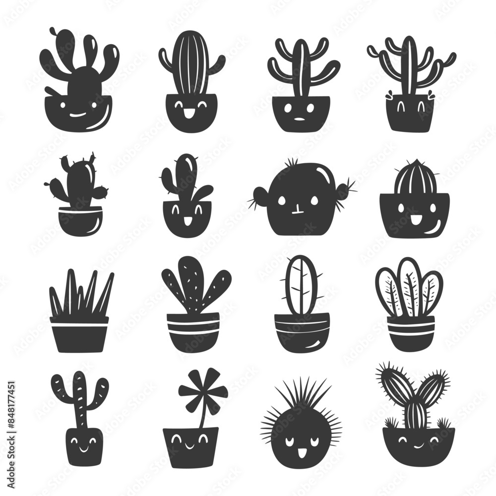 Fototapeta premium silhouette hand drawn cute plant kawaii doodle collection set