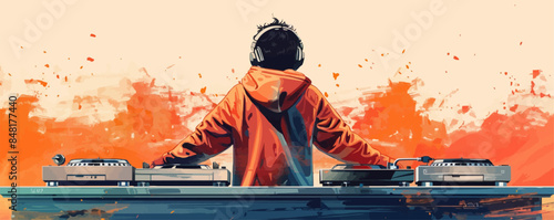 Street DJ with turntables. Illustration of a young musician playing hip-hop and electronic music on the street. Vector flat minimalistic isolated illustration