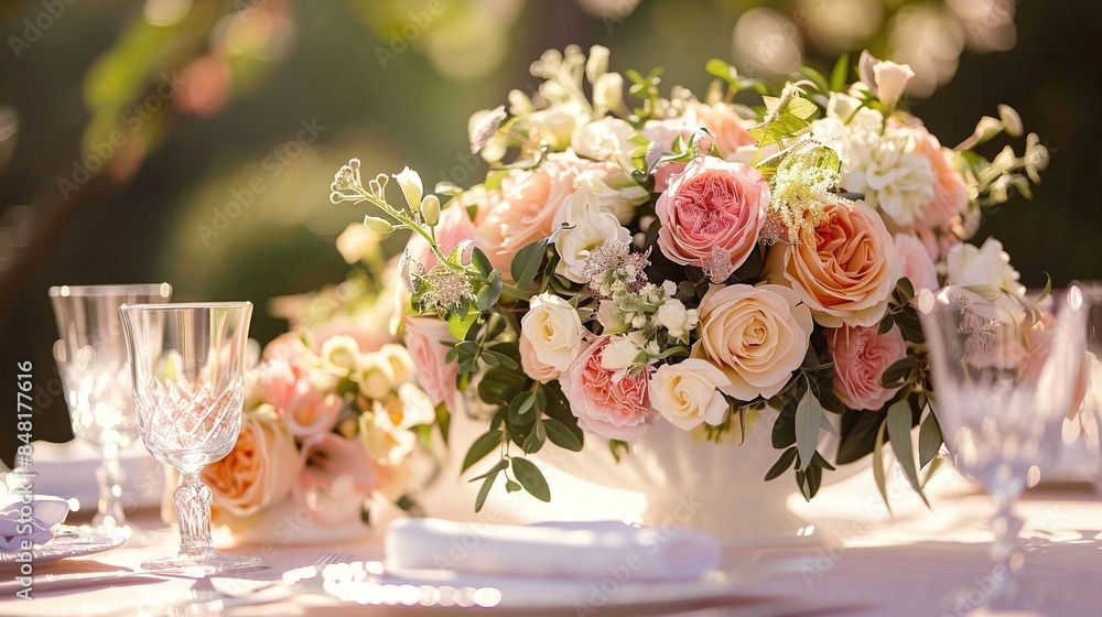 table setting at a wedding with pastel flowers on the table table setting at a wedding with pastel flowers on the table