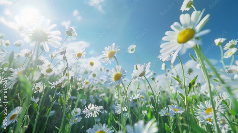 field of daisies swaying in the breeze under a bright blue sky with sunlight dappling the ground. field of daisies swaying in the breeze under a bright blue sky with sunlight dappling the ground.