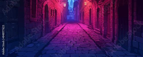 Dark streets in an old city, with shadowy alleys and ghostly figures hiding in the darkness. Vector flat minimalistic isolated illustration.