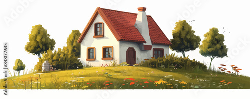 Tranquil countryside cottage nestled among rolling hills, with a cozy fireplace and flower-filled garden. Vector flat minimalistic isolated illustration