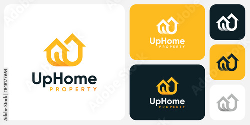 This vector logo design combines a house shape and an upward arrow with a modern, simple, clean and abstract style.
