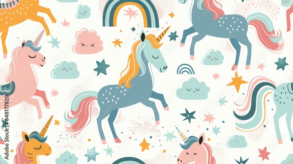 Fototapeta premium Create a whimsical pattern with unicorns, rainbows, and clouds in pastel colors.