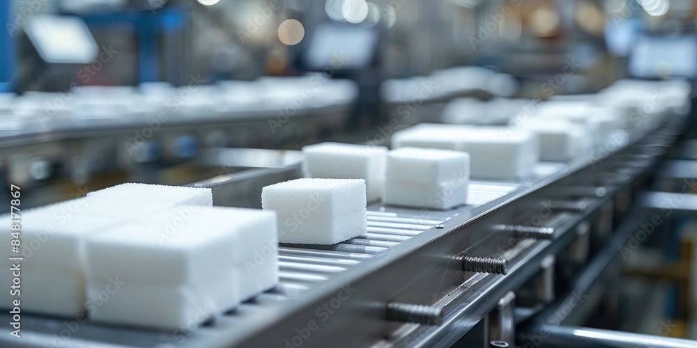 Foto de Packaged sugar packages moving along a conveyor belt, on the ...