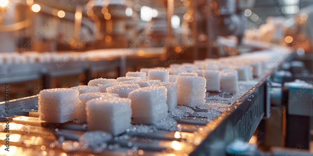 Packaged sugar packages moving along a conveyor belt, on the production line of a modern sugar packaging plant Packaged sugar packages moving along a conveyor belt, on the production line of a modern sugar packaging plant